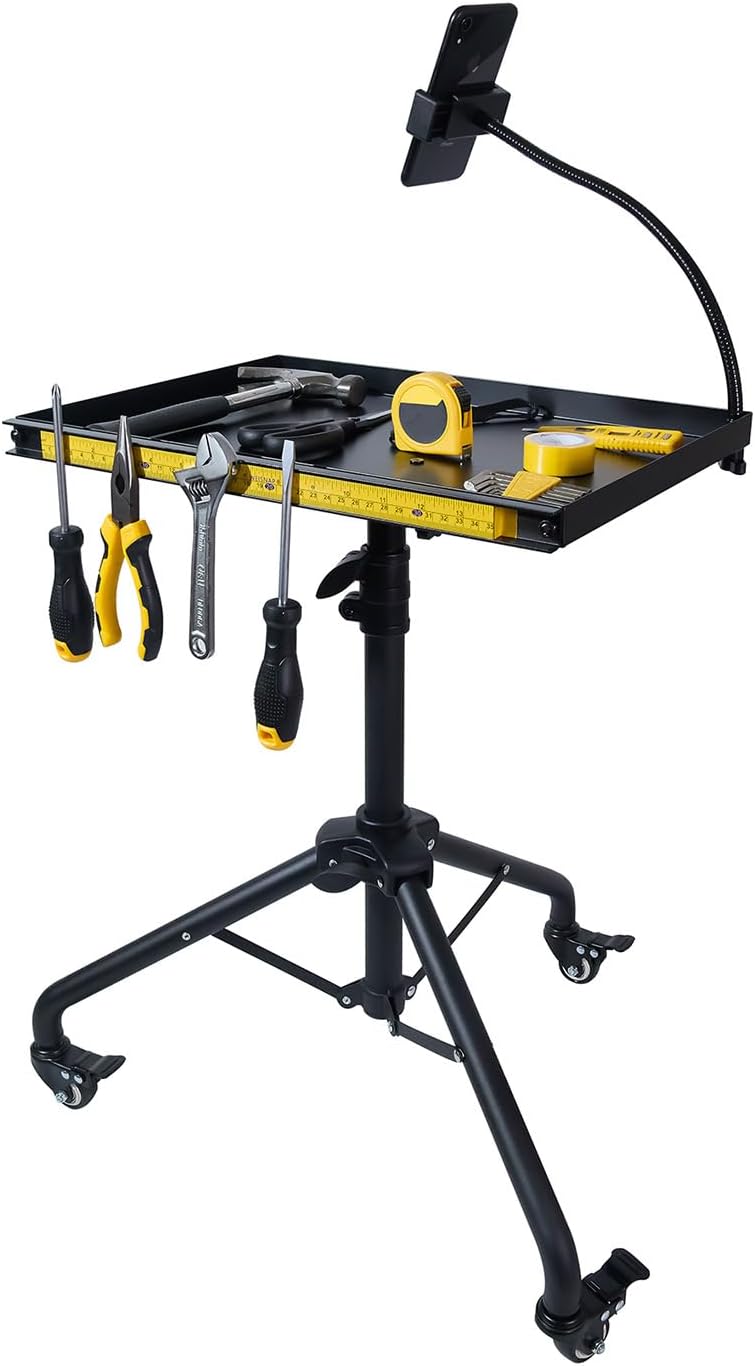 Compact Rolling Tool Table with Magnetic Holder & Phone Stand – Space-Saving Garage Workstation on Wheels