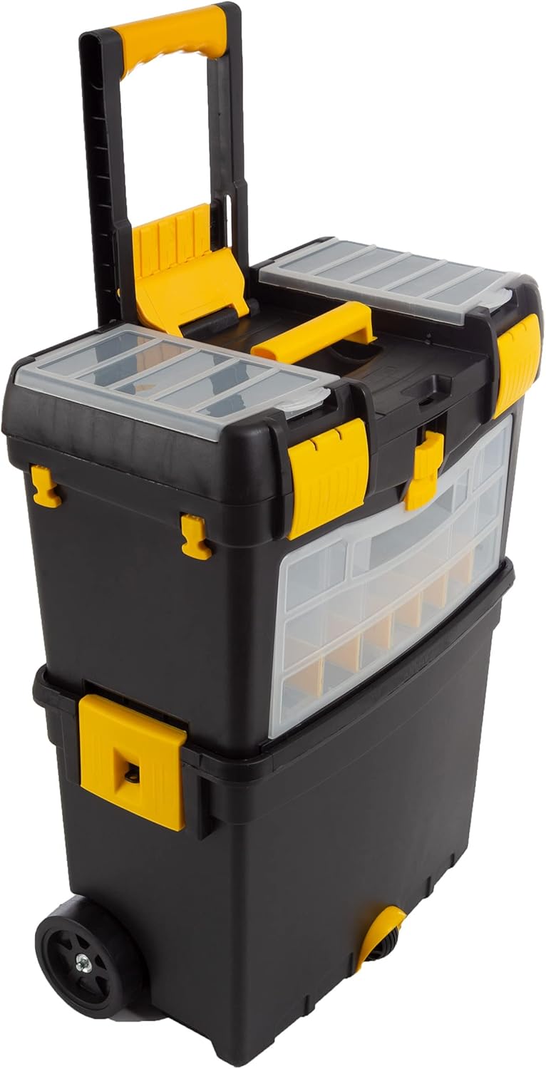 Rolling Tool Box with Wheels – Stackable Tool Storage Organizer with Compartments, Removable Trays & Fold-Down Handle (Heavy Duty Portable Toolbox Cart)
