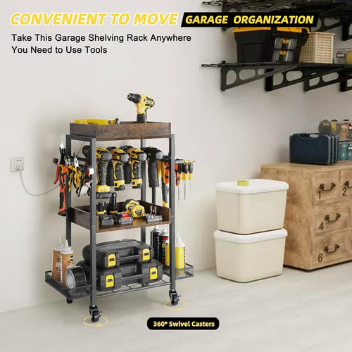 Rolling Power Tool Organizer Cart with Wheels – Heavy Duty Drill Storage Rack, Mobile Pegboard Tool Holder with Shelves, Hooks & Baskets (500 lbs Capacity)