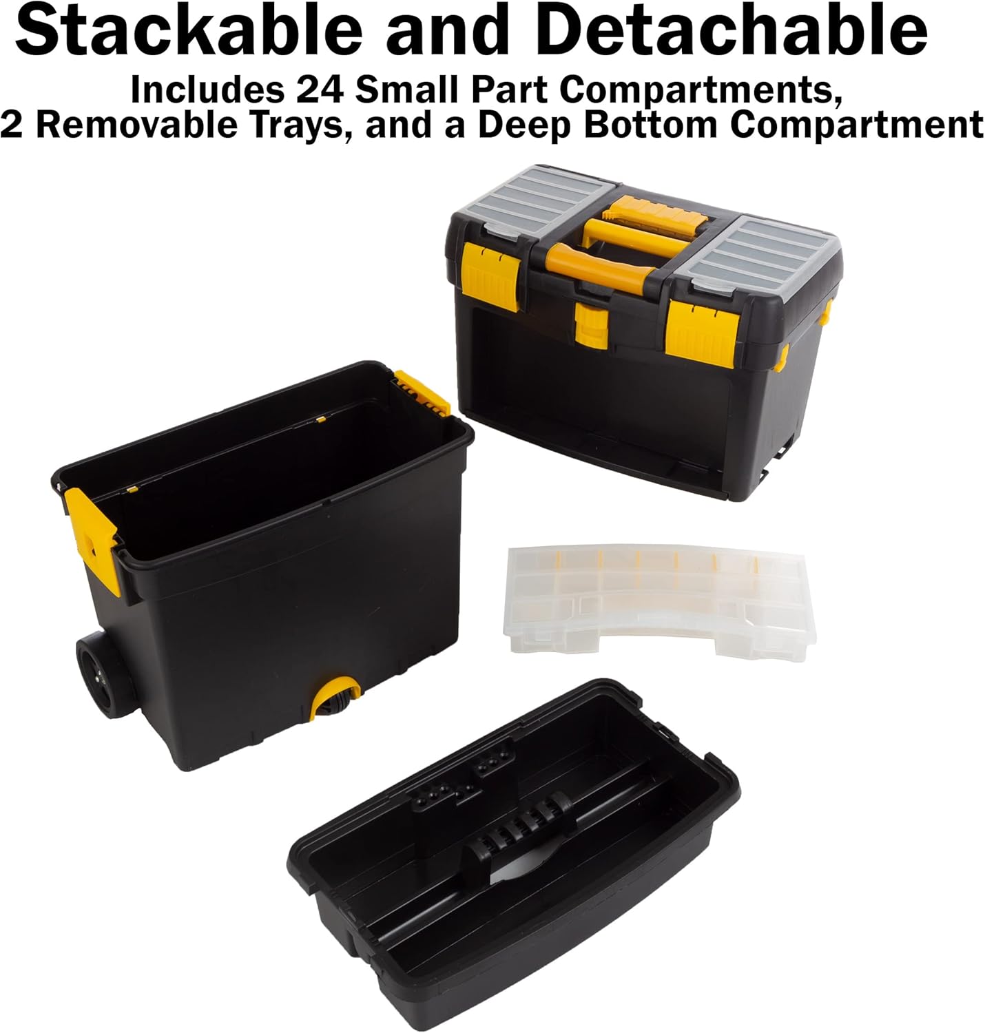 Rolling Tool Box with Wheels – Stackable Tool Storage Organizer with Compartments, Removable Trays & Fold-Down Handle (Heavy Duty Portable Toolbox Cart)