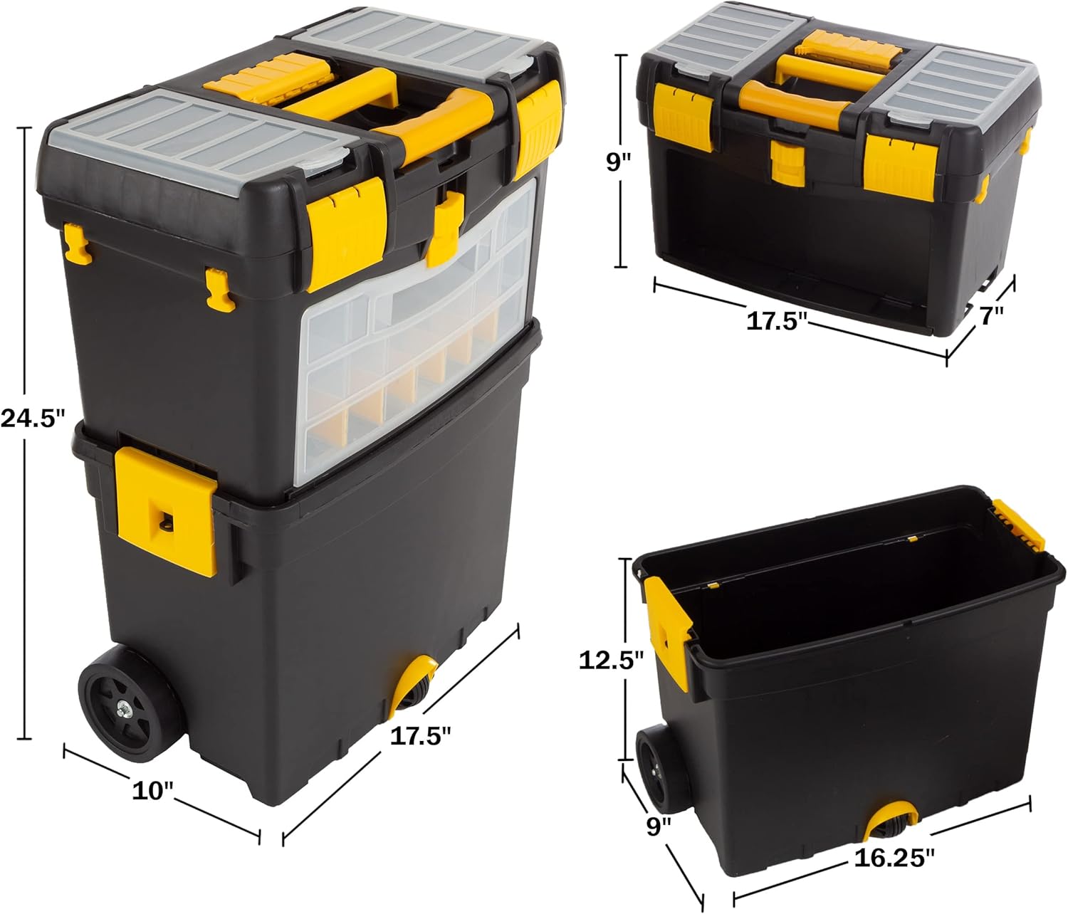 Rolling Tool Box with Wheels – Stackable Tool Storage Organizer with Compartments, Removable Trays & Fold-Down Handle (Heavy Duty Portable Toolbox Cart)