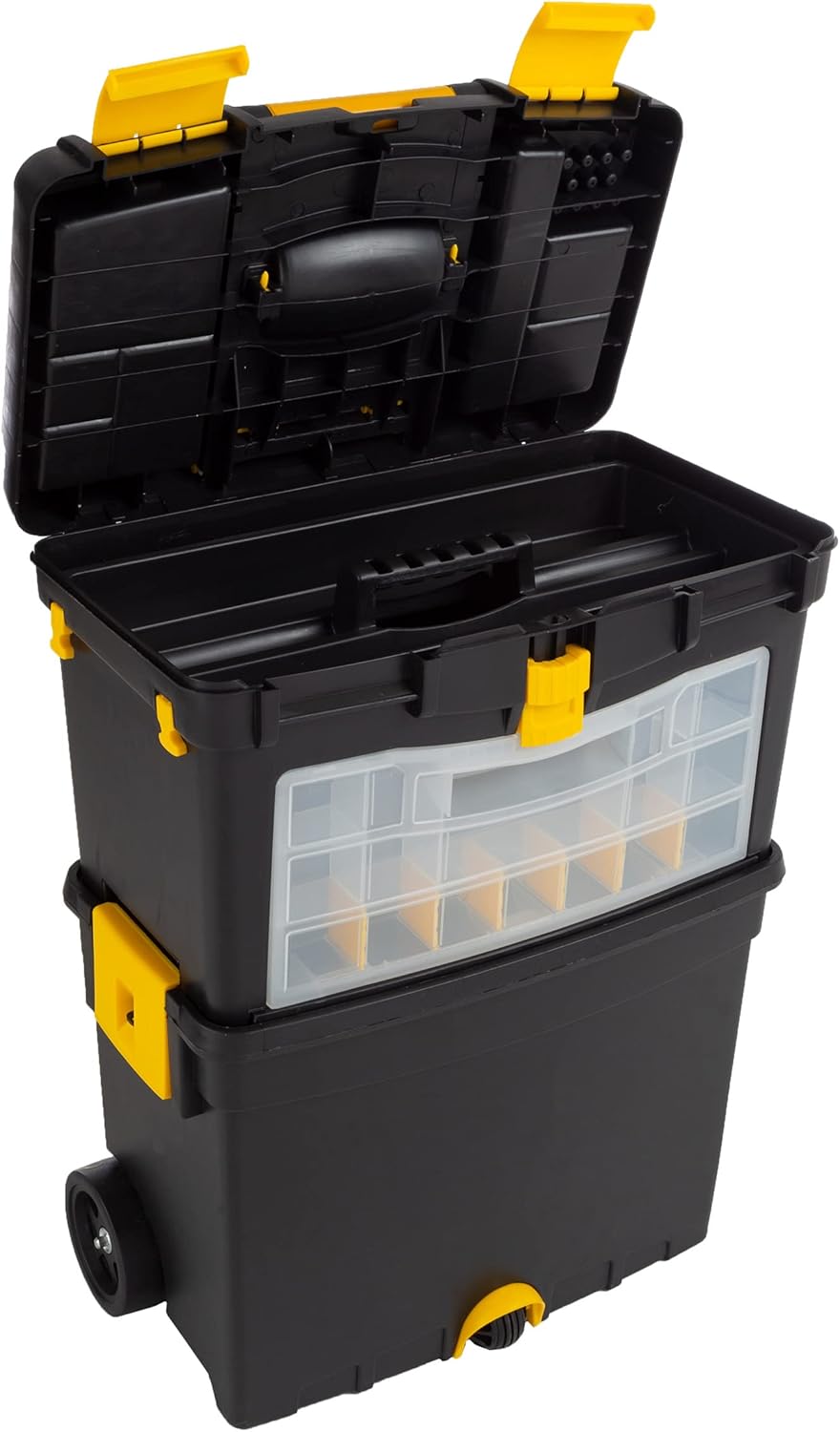 Rolling Tool Box with Wheels – Stackable Tool Storage Organizer with Compartments, Removable Trays & Fold-Down Handle (Heavy Duty Portable Toolbox Cart)