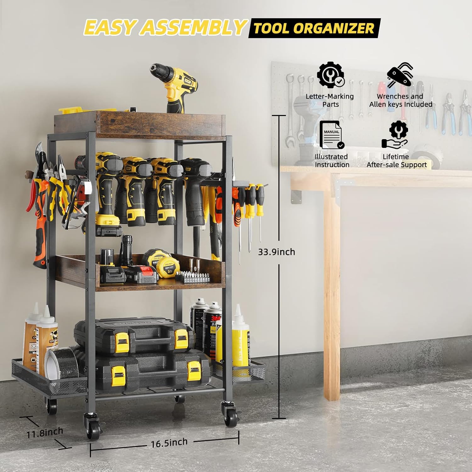Rolling Power Tool Organizer Cart with Wheels – Heavy Duty Drill Storage Rack, Mobile Pegboard Tool Holder with Shelves, Hooks & Baskets (500 lbs Capacity)