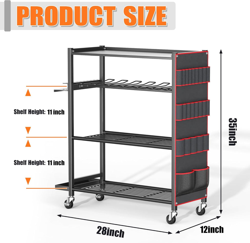 Extra-Large Rolling Power Tool Organizer – Heavy Duty Steel Drill Storage Cart (Holds 12 Drills) with Lockable Wheels & Multi-Tier Storage