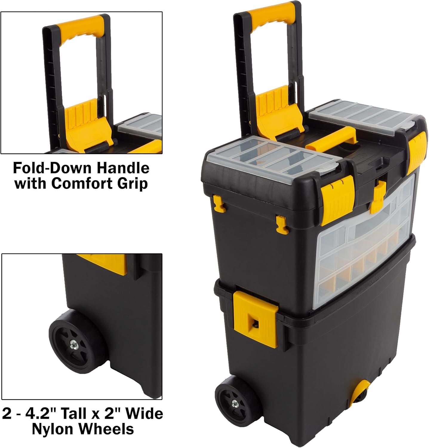Rolling Tool Box with Wheels – Stackable Tool Storage Organizer with Compartments, Removable Trays & Fold-Down Handle (Heavy Duty Portable Toolbox Cart)