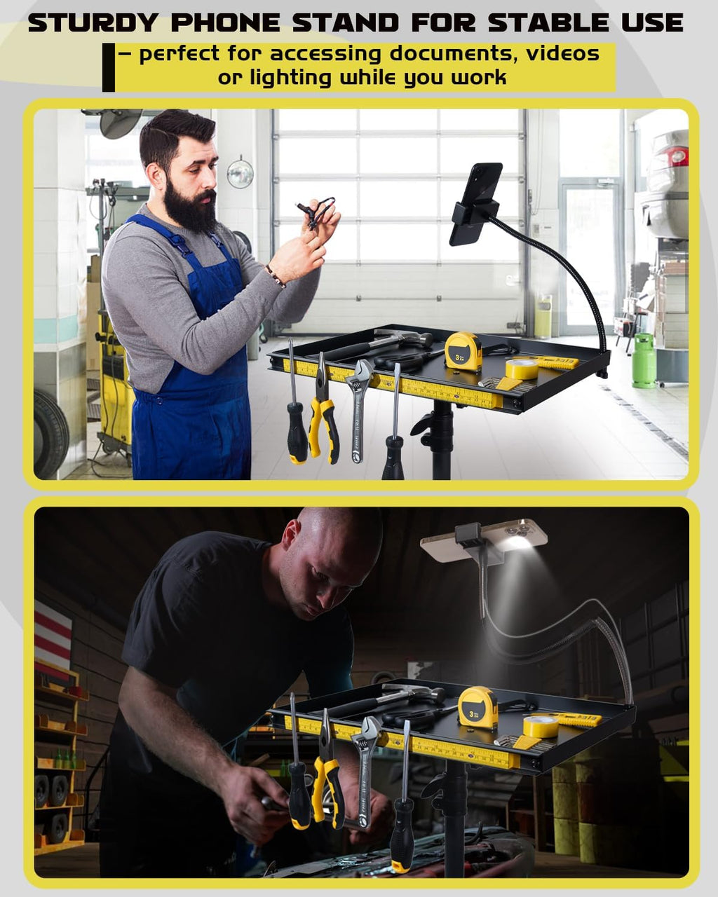 Compact Rolling Tool Table with Magnetic Holder & Phone Stand – Space-Saving Garage Workstation on Wheels
