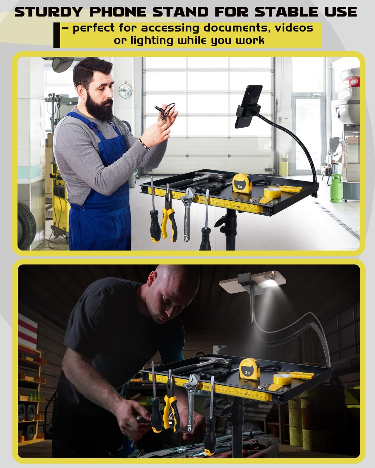 Compact Rolling Tool Table with Magnetic Holder & Phone Stand – Space-Saving Garage Workstation on Wheels