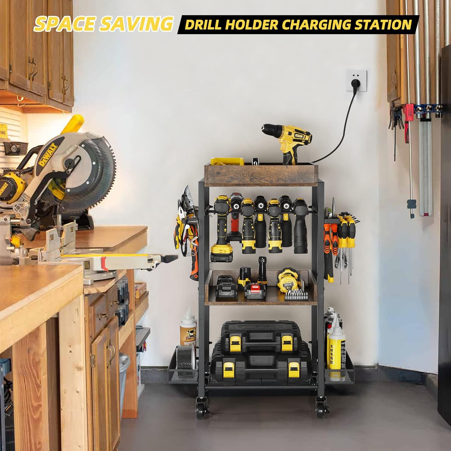 Rolling Power Tool Organizer Cart with Wheels – Heavy Duty Drill Storage Rack, Mobile Pegboard Tool Holder with Shelves, Hooks & Baskets (500 lbs Capacity)