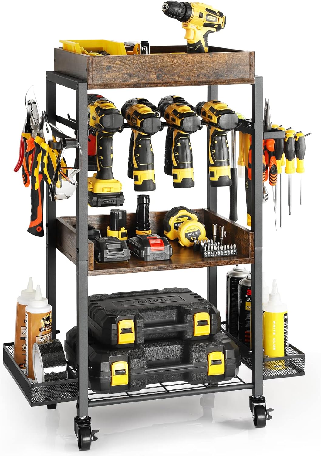 Rolling Power Tool Organizer Cart with Wheels – Heavy Duty Drill Storage Rack, Mobile Pegboard Tool Holder with Shelves, Hooks & Baskets (500 lbs Capacity)