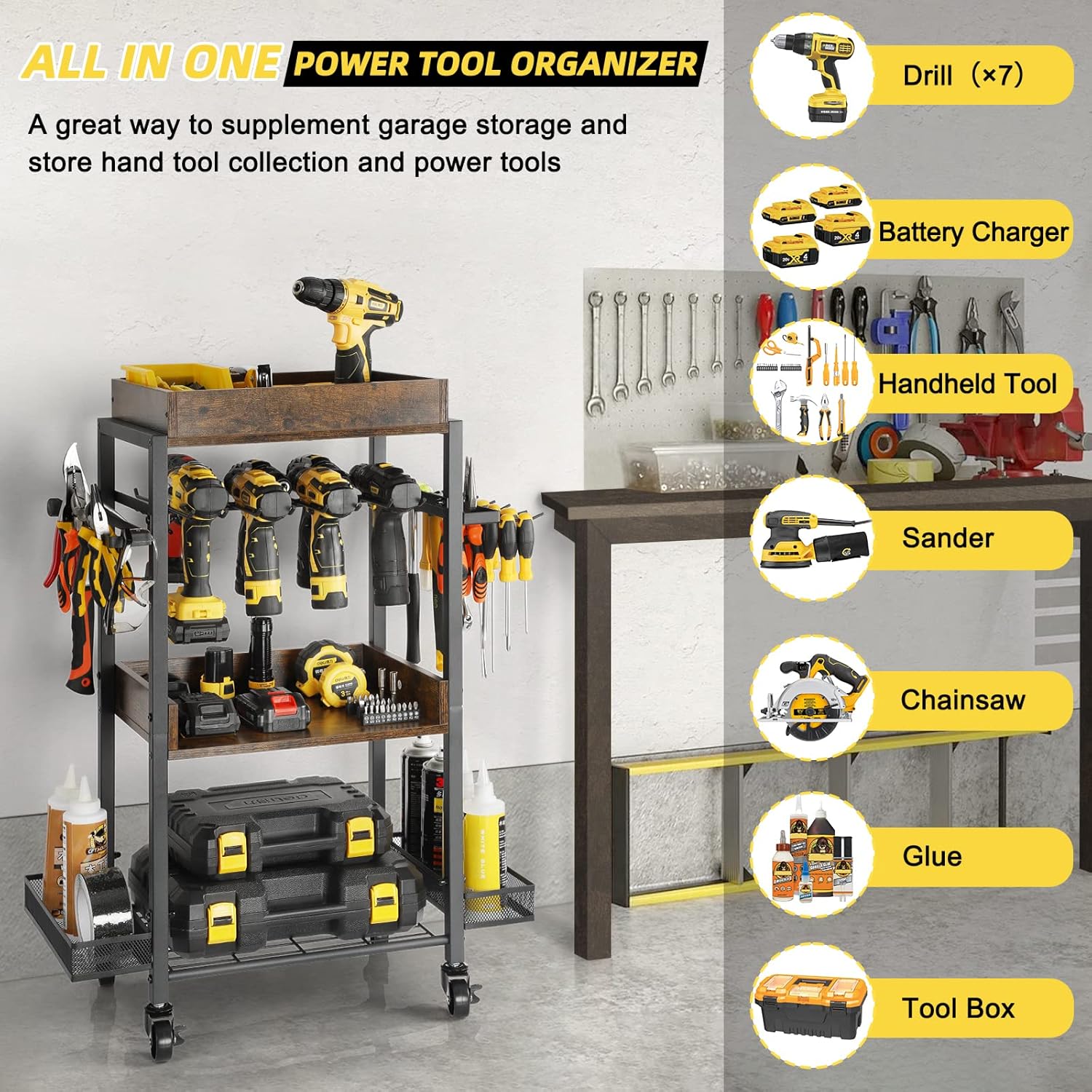 Rolling Power Tool Organizer Cart with Wheels – Heavy Duty Drill Storage Rack, Mobile Pegboard Tool Holder with Shelves, Hooks & Baskets (500 lbs Capacity)