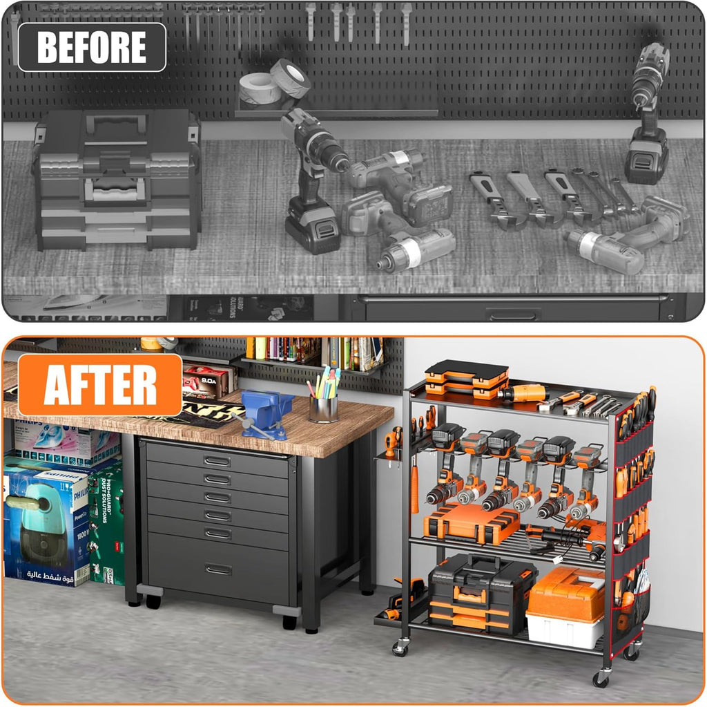 Extra-Large Rolling Power Tool Organizer – Heavy Duty Steel Drill Storage Cart (Holds 12 Drills) with Lockable Wheels & Multi-Tier Storage