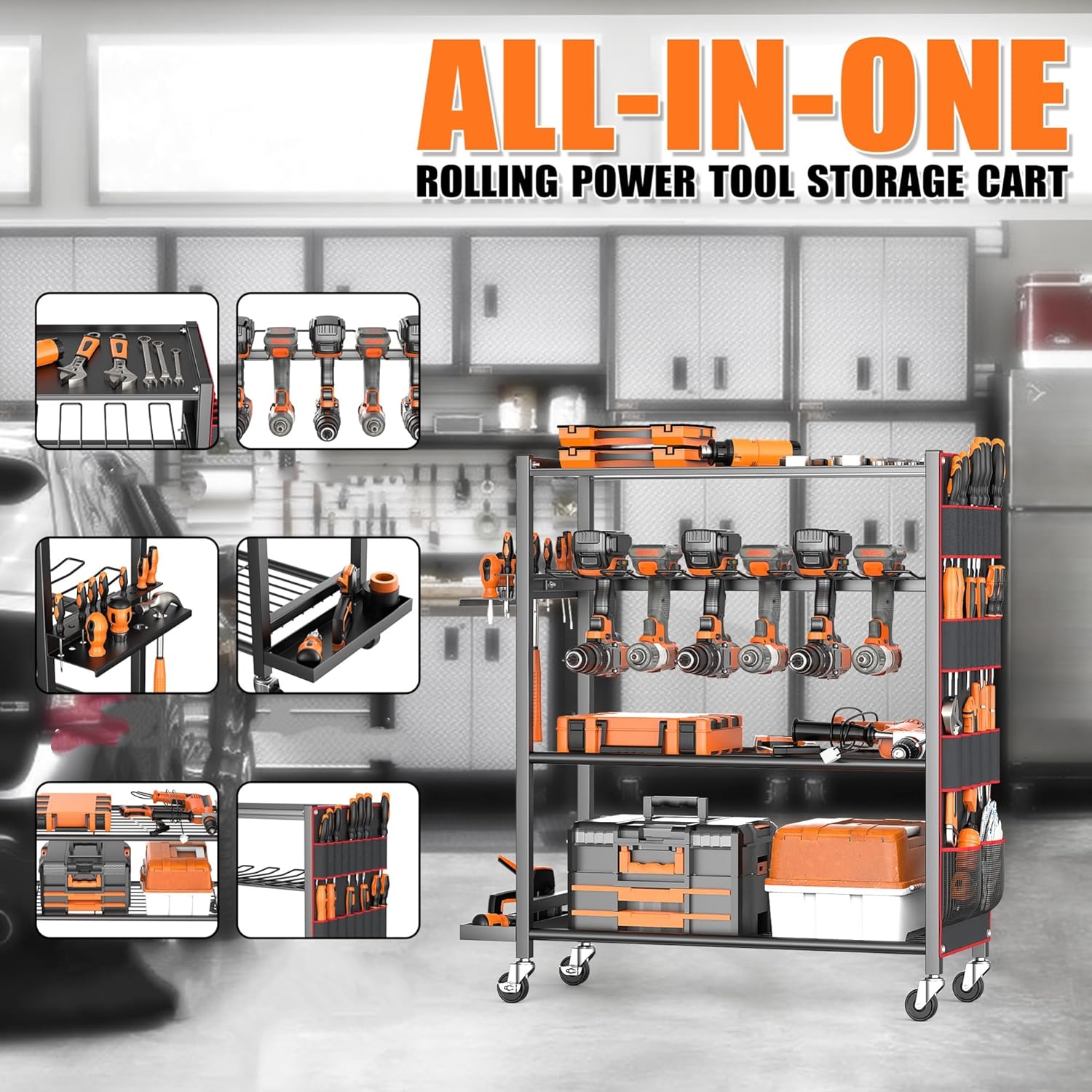 Extra-Large Rolling Power Tool Organizer – Heavy Duty Steel Drill Storage Cart (Holds 12 Drills) with Lockable Wheels & Multi-Tier Storage