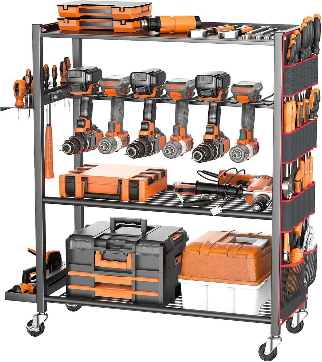 Extra-Large Rolling Power Tool Organizer – Heavy Duty Steel Drill Storage Cart (Holds 12 Drills) with Lockable Wheels & Multi-Tier Storage