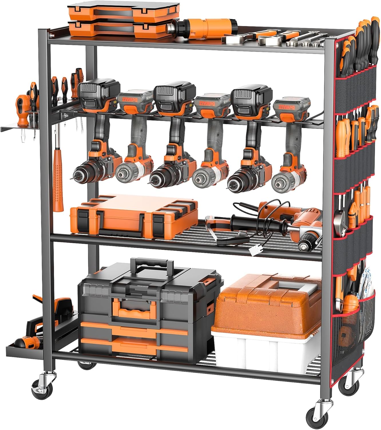 Extra-Large Rolling Power Tool Organizer – Heavy Duty Steel Drill Storage Cart (Holds 12 Drills) with Lockable Wheels & Multi-Tier Storage