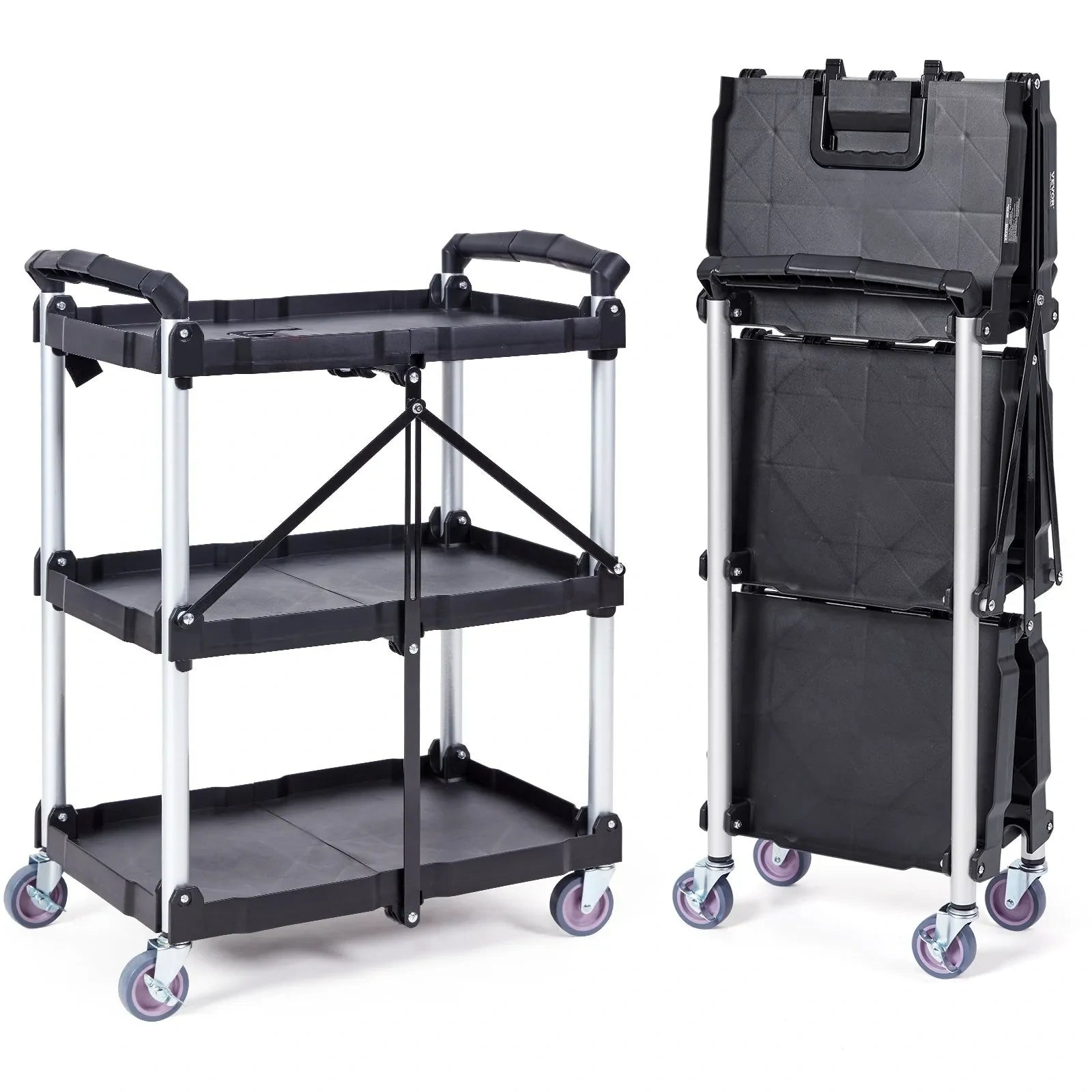 Foldable 3-Tier Utility Cart with Wheels – Heavy-Duty Rolling Storage Trolley, 165 lbs Capacity, No Assembly