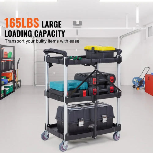 Foldable 3-Tier Utility Cart with Wheels – Heavy-Duty Rolling Storage Trolley, 165 lbs Capacity, No Assembly