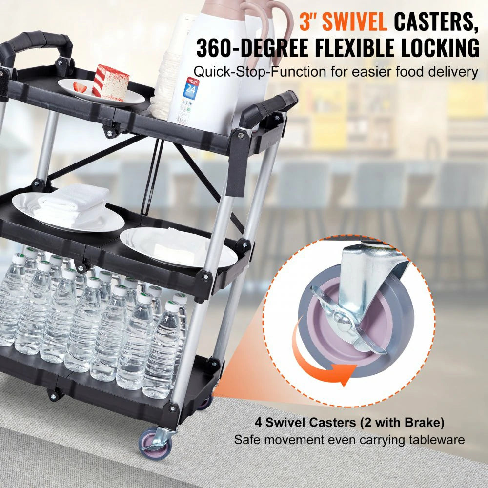 Foldable 3-Tier Utility Cart with Wheels – Heavy-Duty Rolling Storage Trolley, 165 lbs Capacity, No Assembly