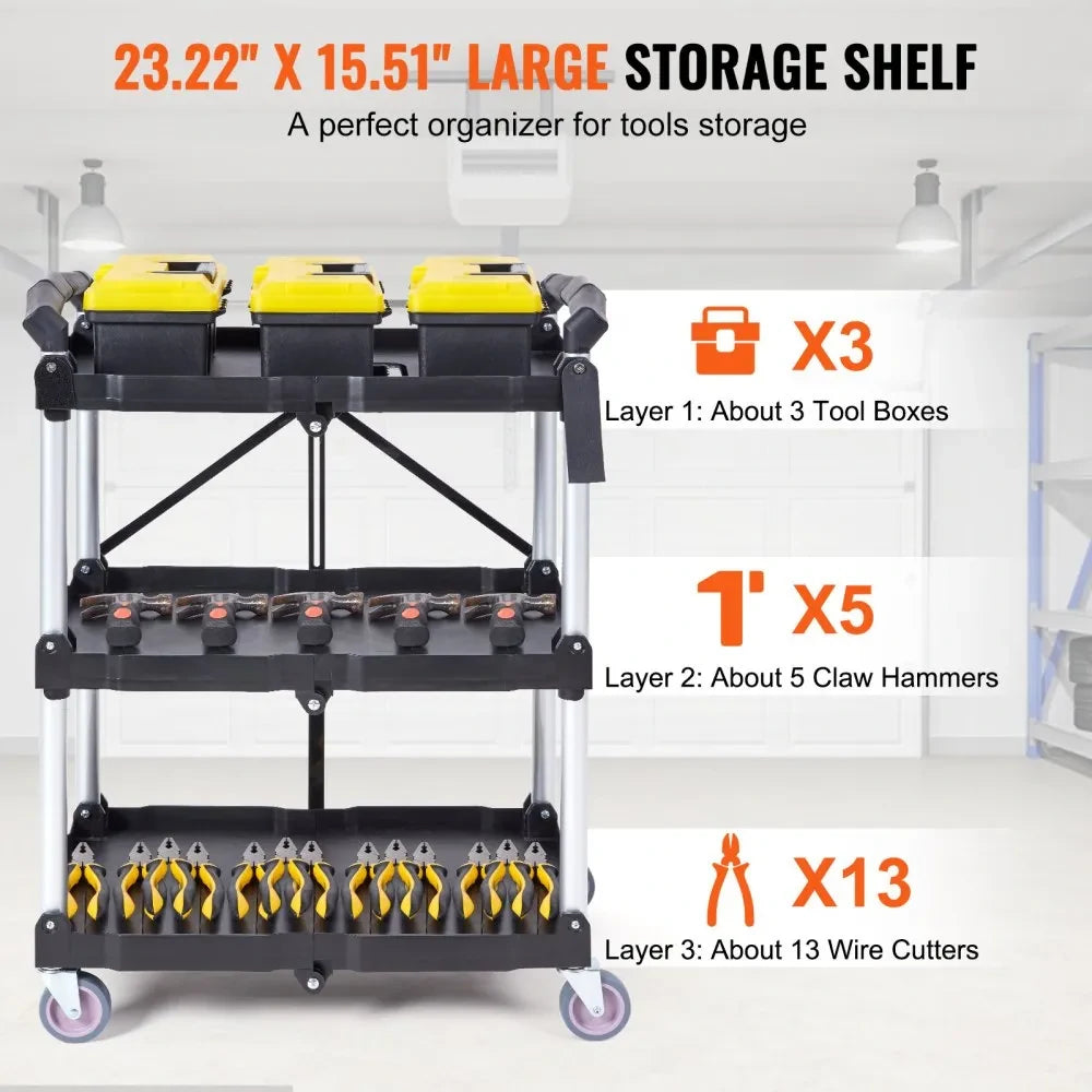 Foldable 3-Tier Utility Cart with Wheels – Heavy-Duty Rolling Storage Trolley, 165 lbs Capacity, No Assembly